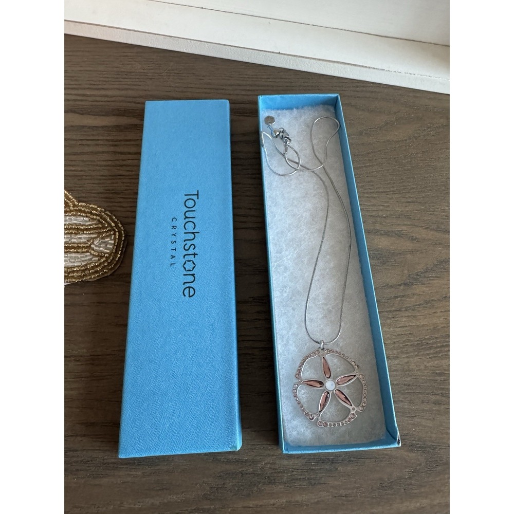 Touchstone Crystal Organic Sand Dollar Pendant 20" Slider Chain Rhodium Plated